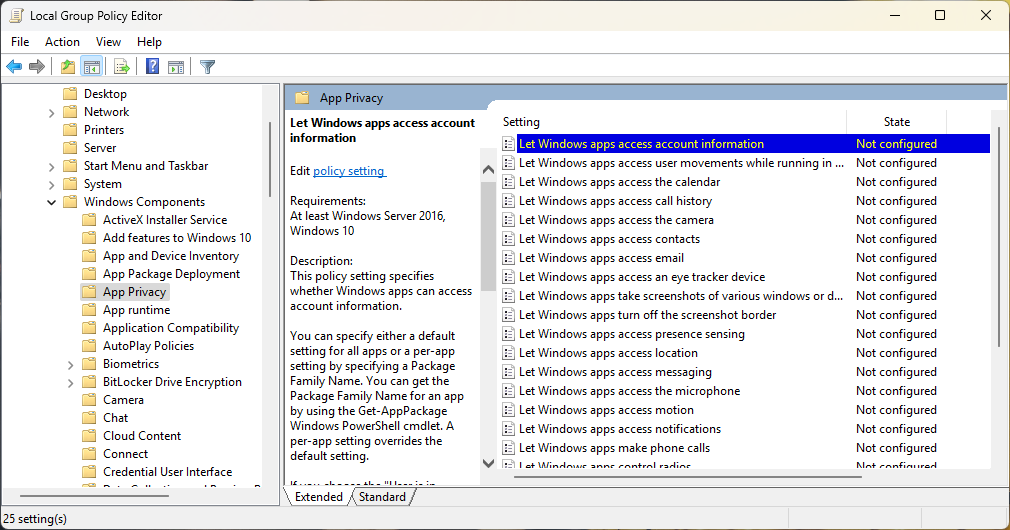 Local group policy editor dialog box