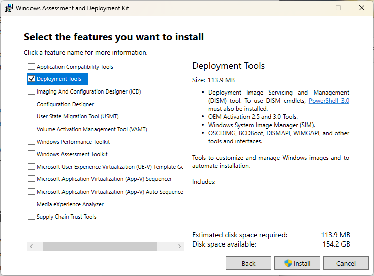 Select the features you want to install dialog box