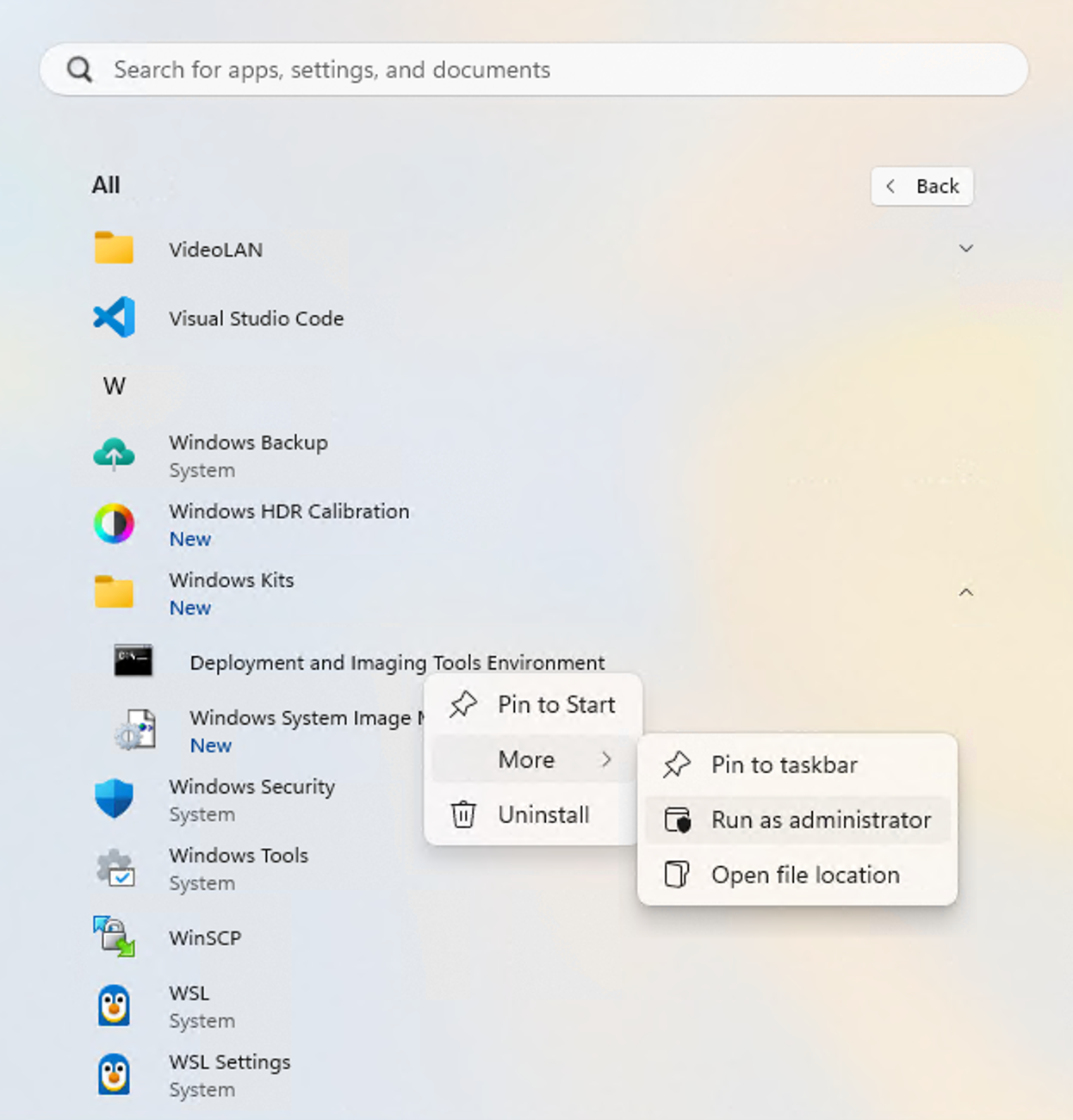 Deployment and imaging tools environment start menu