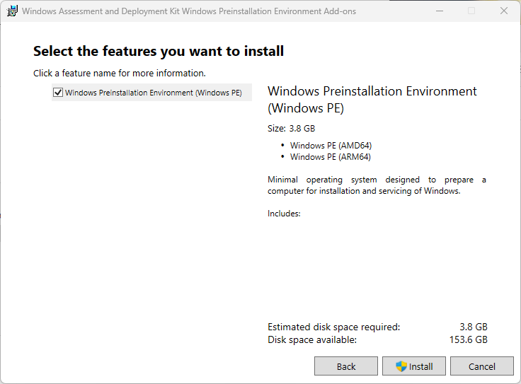 Select the features you want to install dialog box