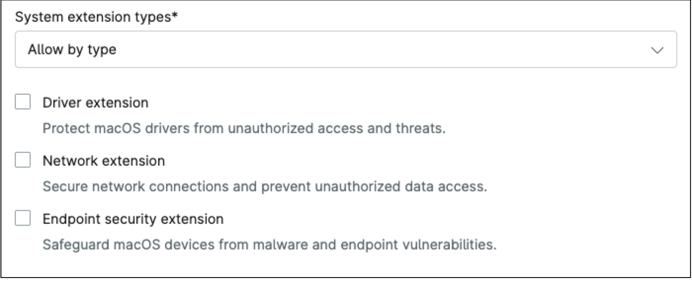 System extension types dialog box