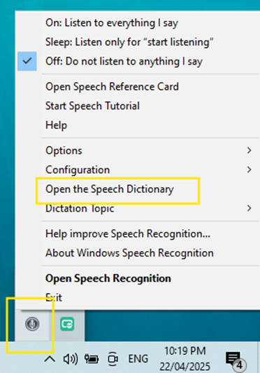 Open the Speech Dictionary from taskbar