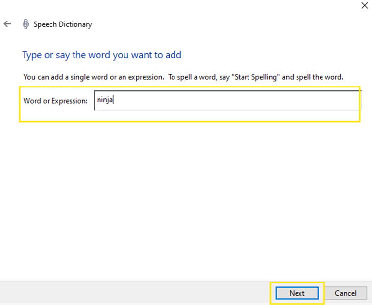 Add a single word or expression to Speech Dictionary