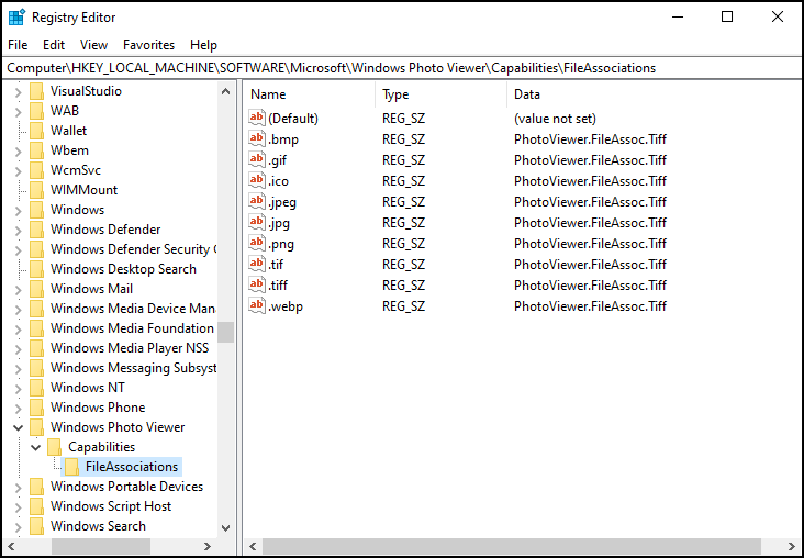 Registry Editor FileAssociations