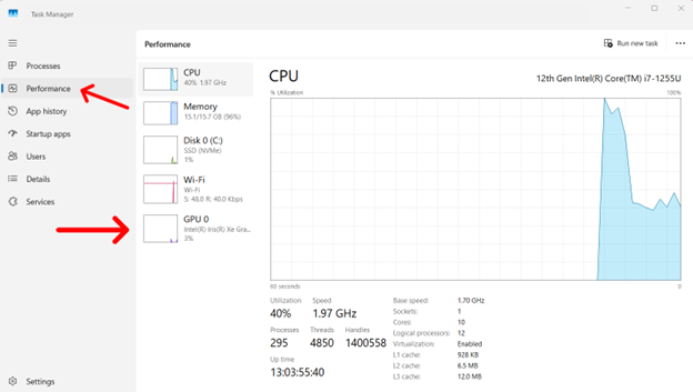 Task Manager Performance tab displaying GPU information