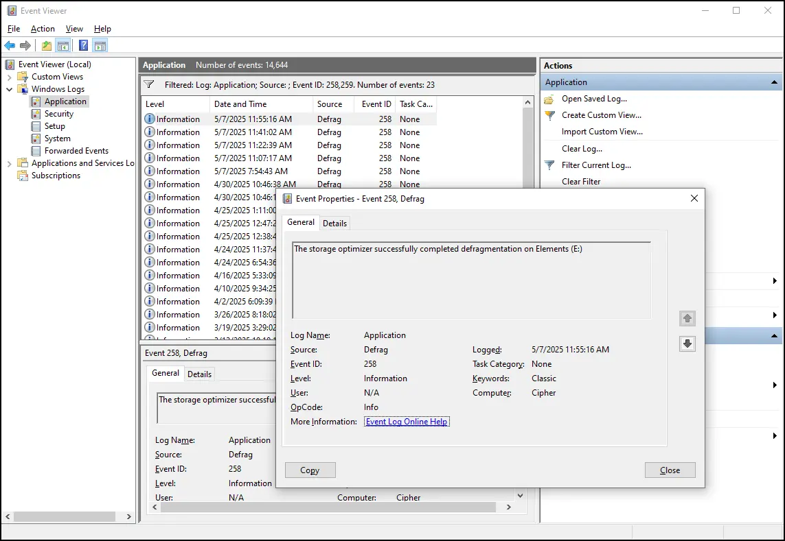 Open Event Viewer (Win + R > eventvwr.msc), go to Application under Windows Logs, filter by Event IDs 258,259.