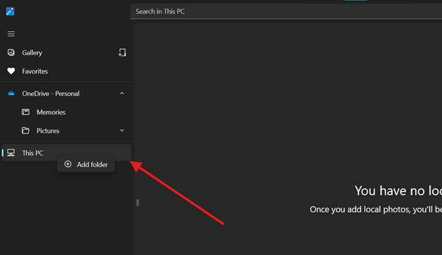 Fotos App auf der linken Seite Quelle/Ordner auswählen und auf Ordner hinzufügen klicken
