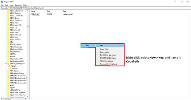 Crea la chiave Copypath. Fai clic con il pulsante destro del mouse all'interno della shell, seleziona Nuova > Chiave e denomina la cartella creata CopyPath.