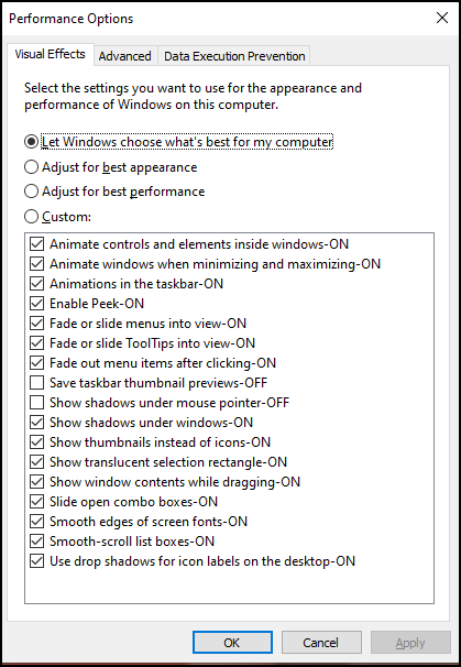 Type performance in Windows Search > Choose Adjust the appearance and performance of Windows in the autofill > Under the Visual Effects tab, toggle ✅ Enable Peek > Click Apply, then OK to save changes.