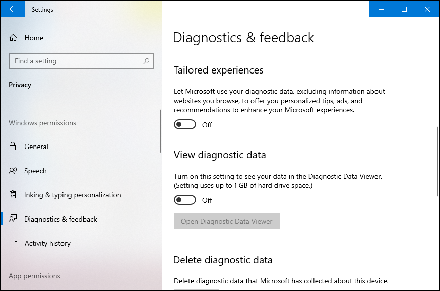Turning off Tailored experiences option