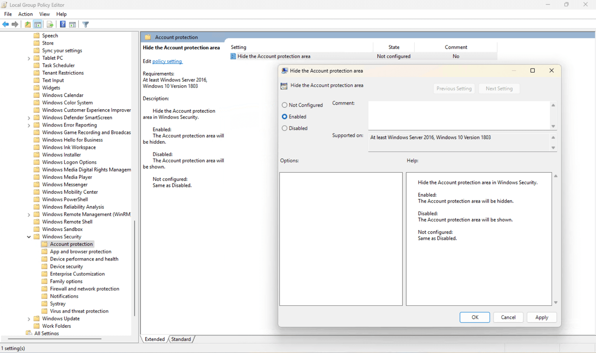 Hide the account protection are dialog box