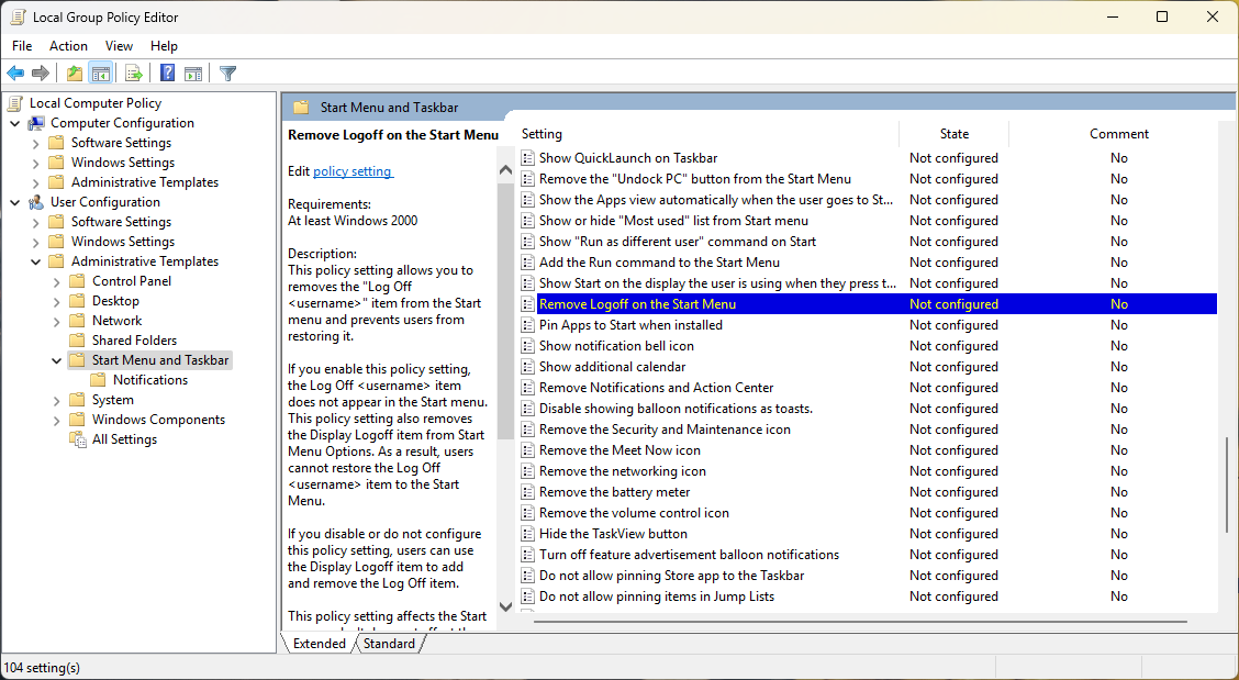 Start menu and taskbar dialog box