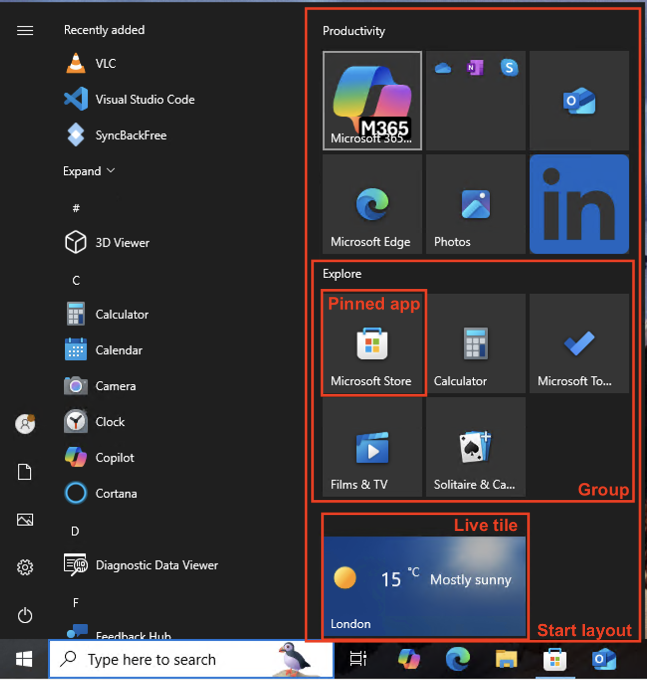 Windows start menu layout