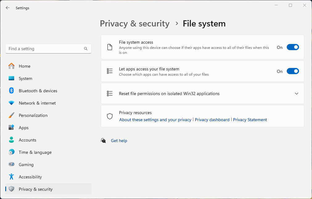 Finestra di dialogo del file system