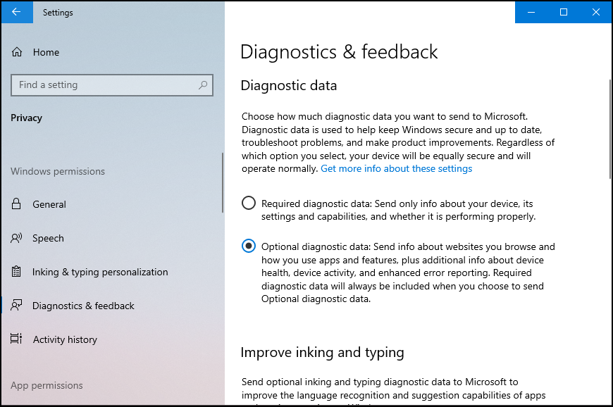 Diagnostics and feedback window