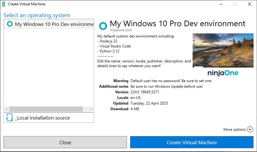 Create virtual machine dialog box
