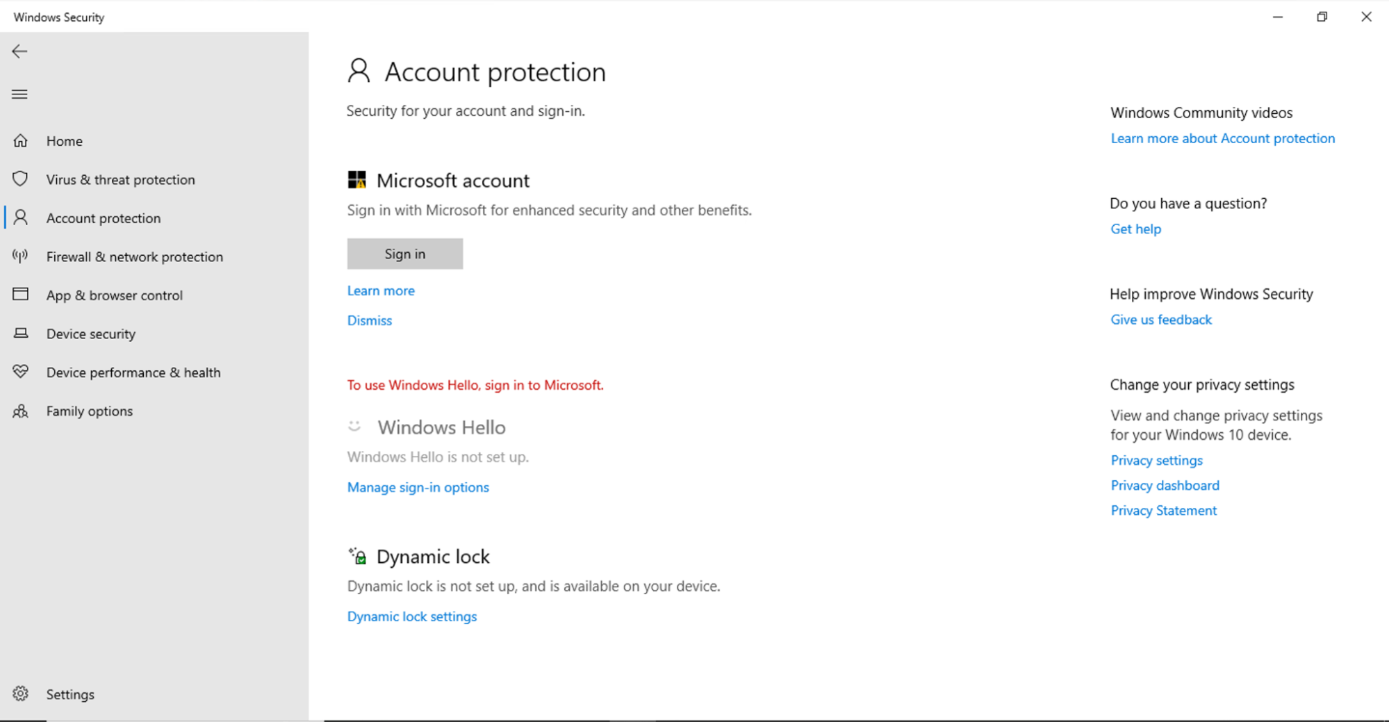 Account protection dialog box