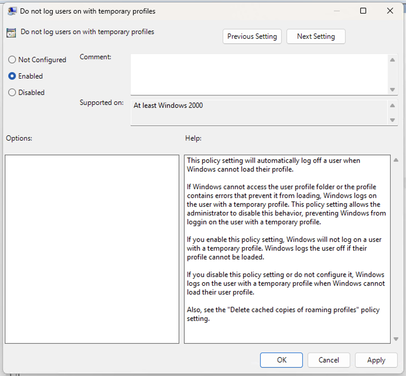 Do not log users on with temporary profiles dialog box