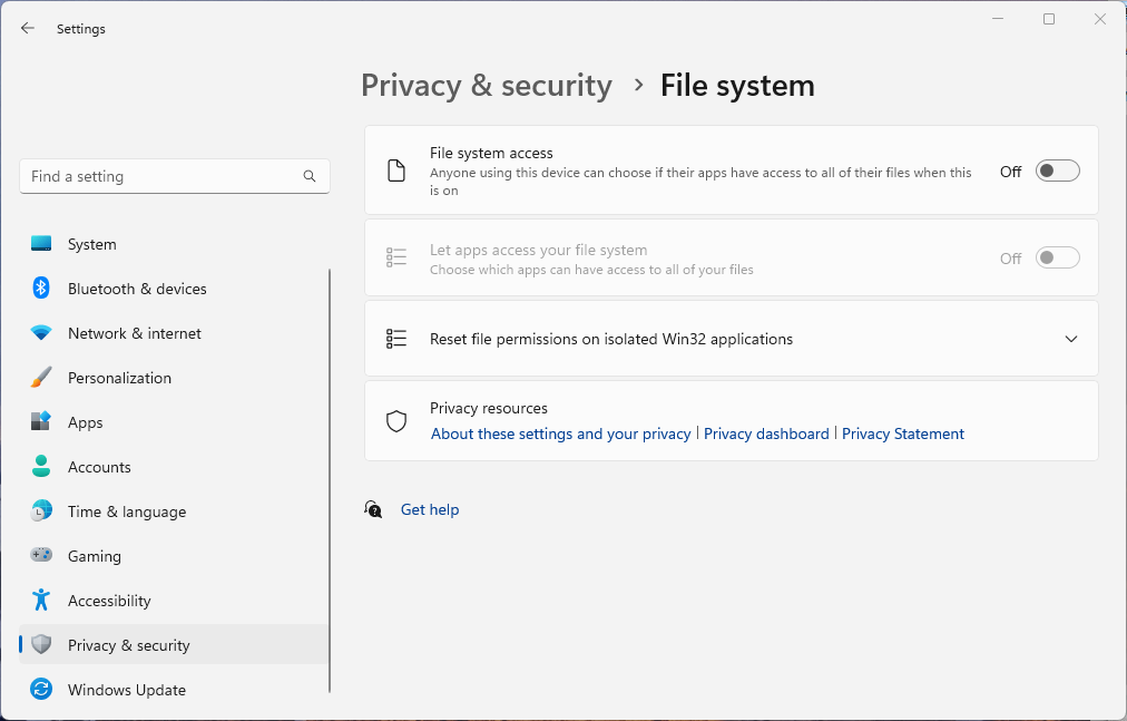 Finestra di dialogo per l'accesso al file system