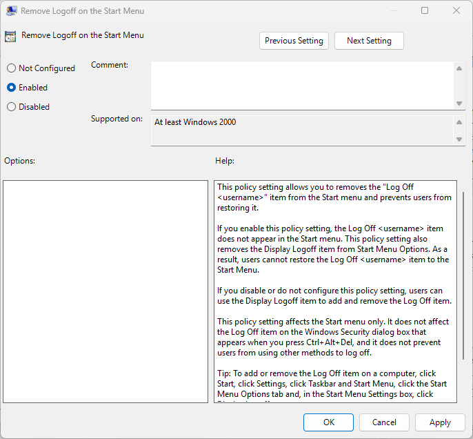 Remove logoff on the start menu