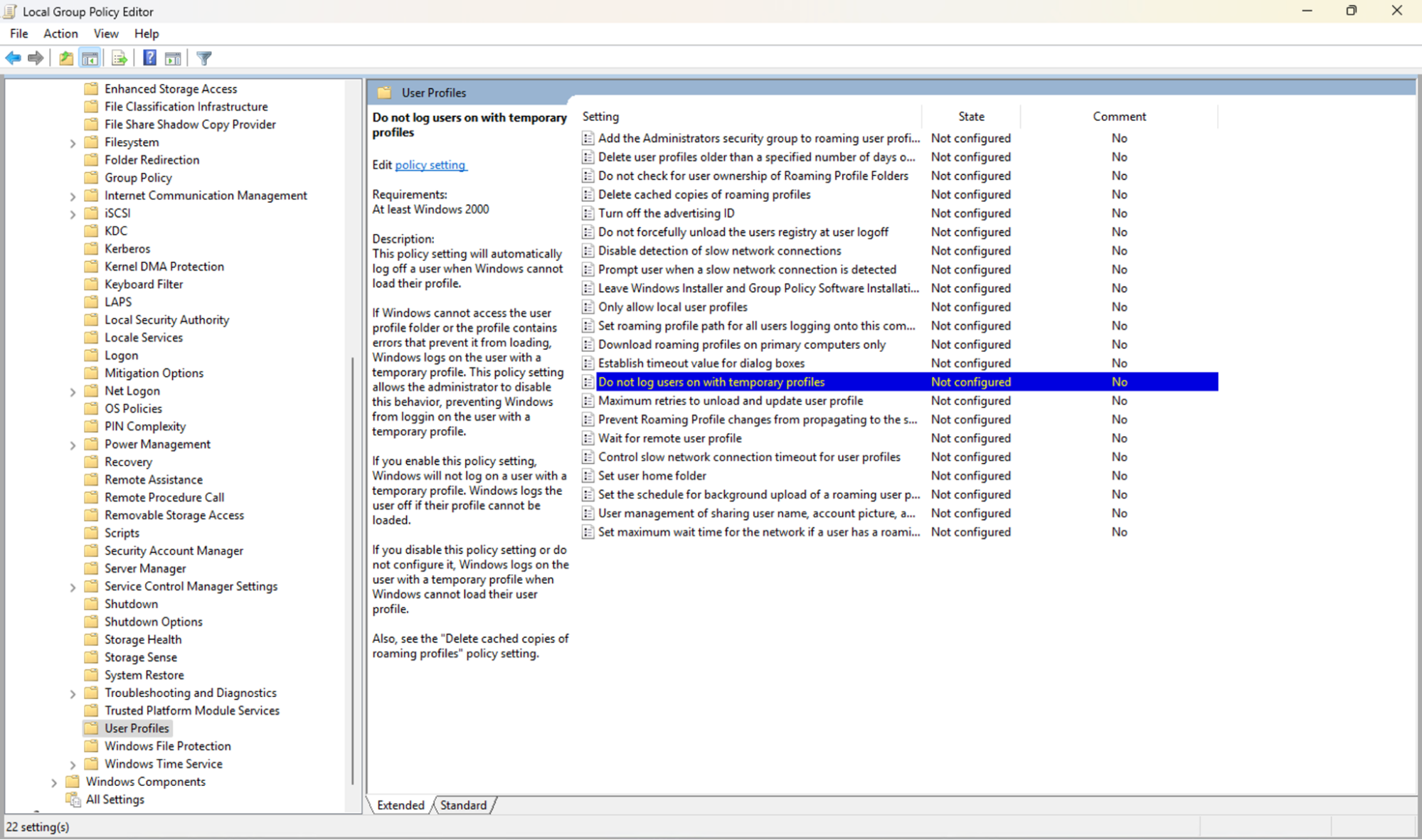 Local group policy editor dialog box
