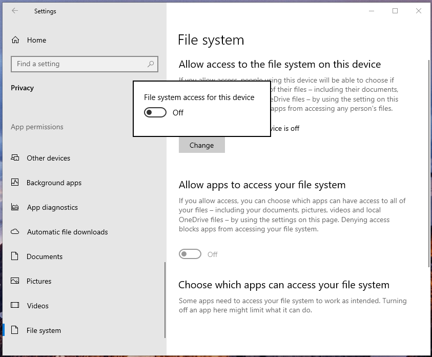 L'accesso al file system per questo dispositivo è disattivato