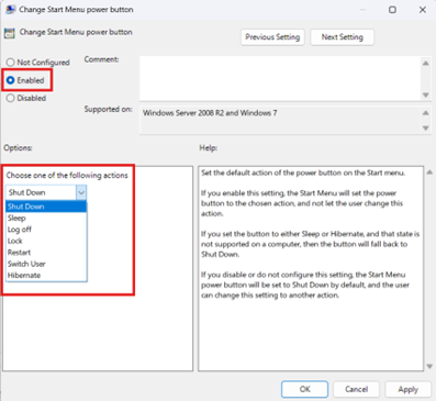 Enabled change start menu power button options