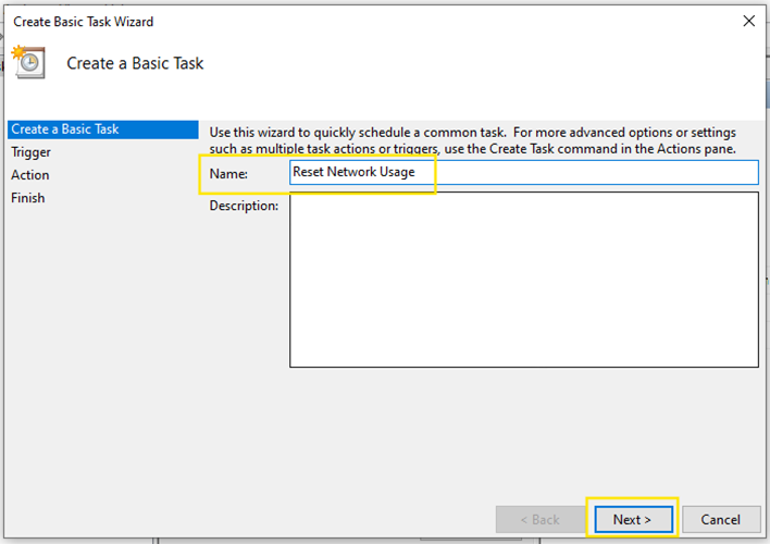Create Basic Task Wizard name input