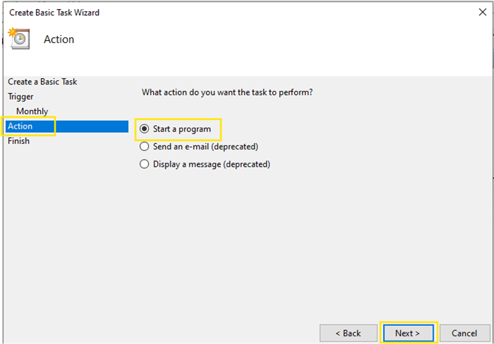 Create Basic Task Wizard setting Action to Start a program