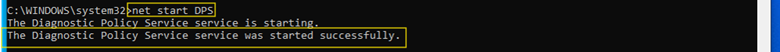 Restart Diagnostic Policy Service command and confirmation
