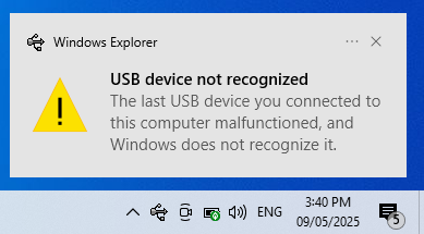 USB device not recognized notification