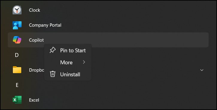L'app Copilot mostra l'opzione di disinstallazione al momento del clic con il tasto destro del mouse