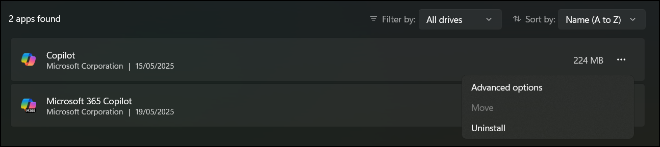 2 applicazioni Copilot trovate
