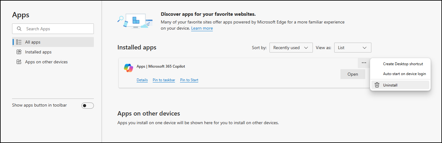 Tutte le applicazioni installate che mostrano Copilot