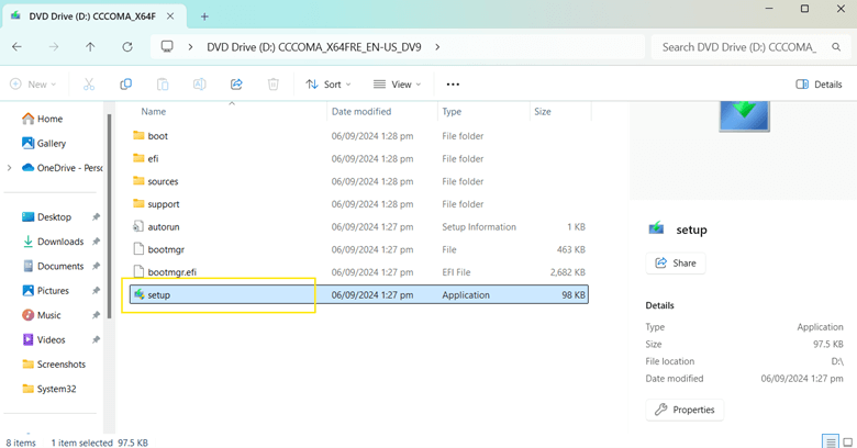 Open the mounted Windows 11 ISO file or your bootable USB drive and Double-click setup.exe to launch the installer.