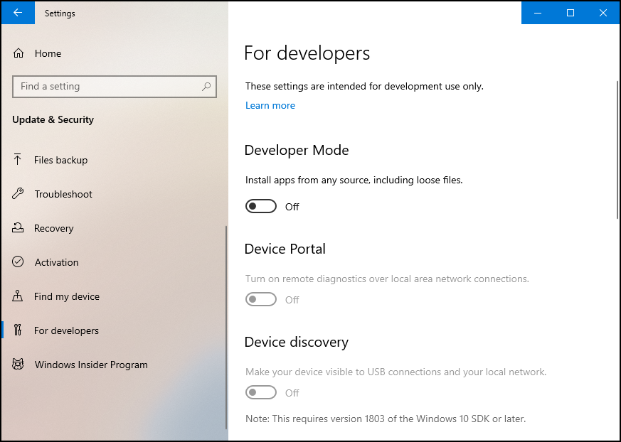 Open Settings → Update & Security → For developers. Under the For Developers section, toggle Developer Mode off.