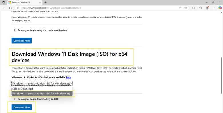 Select Windows 11 (multi-edition ISO for x64 devices) Download.
