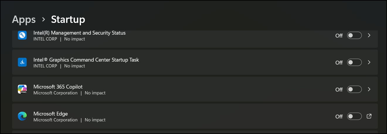 Settings window go to apps then startup