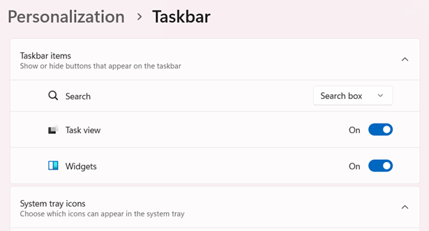 Taskbar Settings toggle widgets off or on