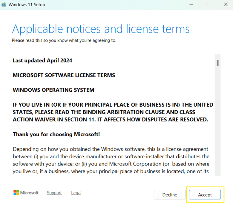 Windows 11 setup license terms and click accept