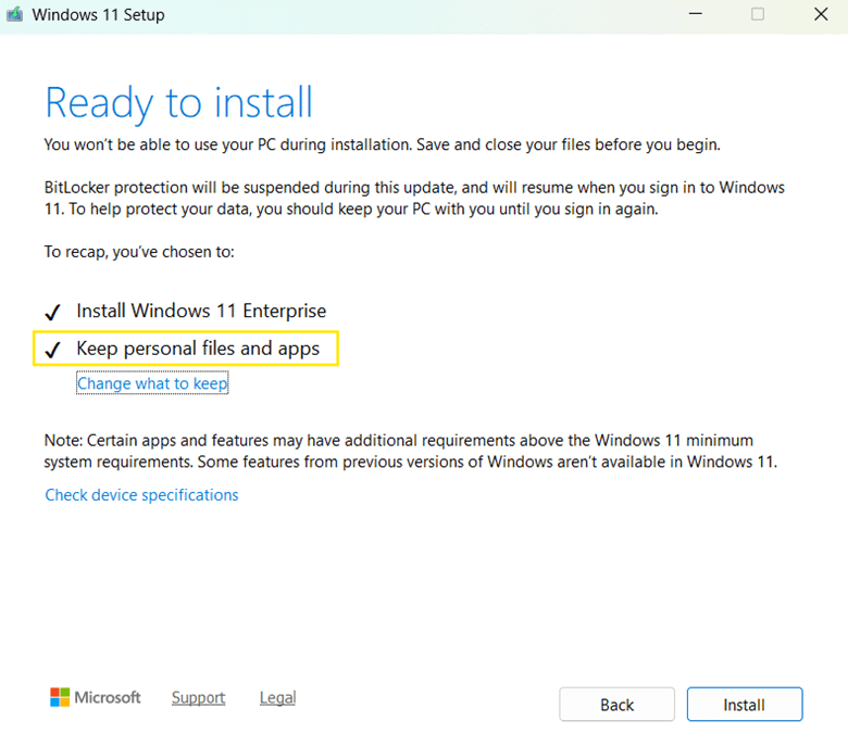 Windows 11 setup ready to install and make sure to check keep personal files and apps