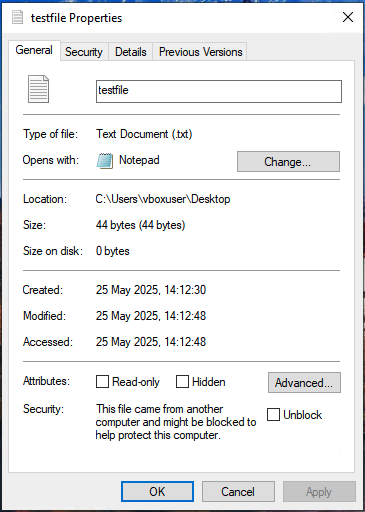 testfile Properties window