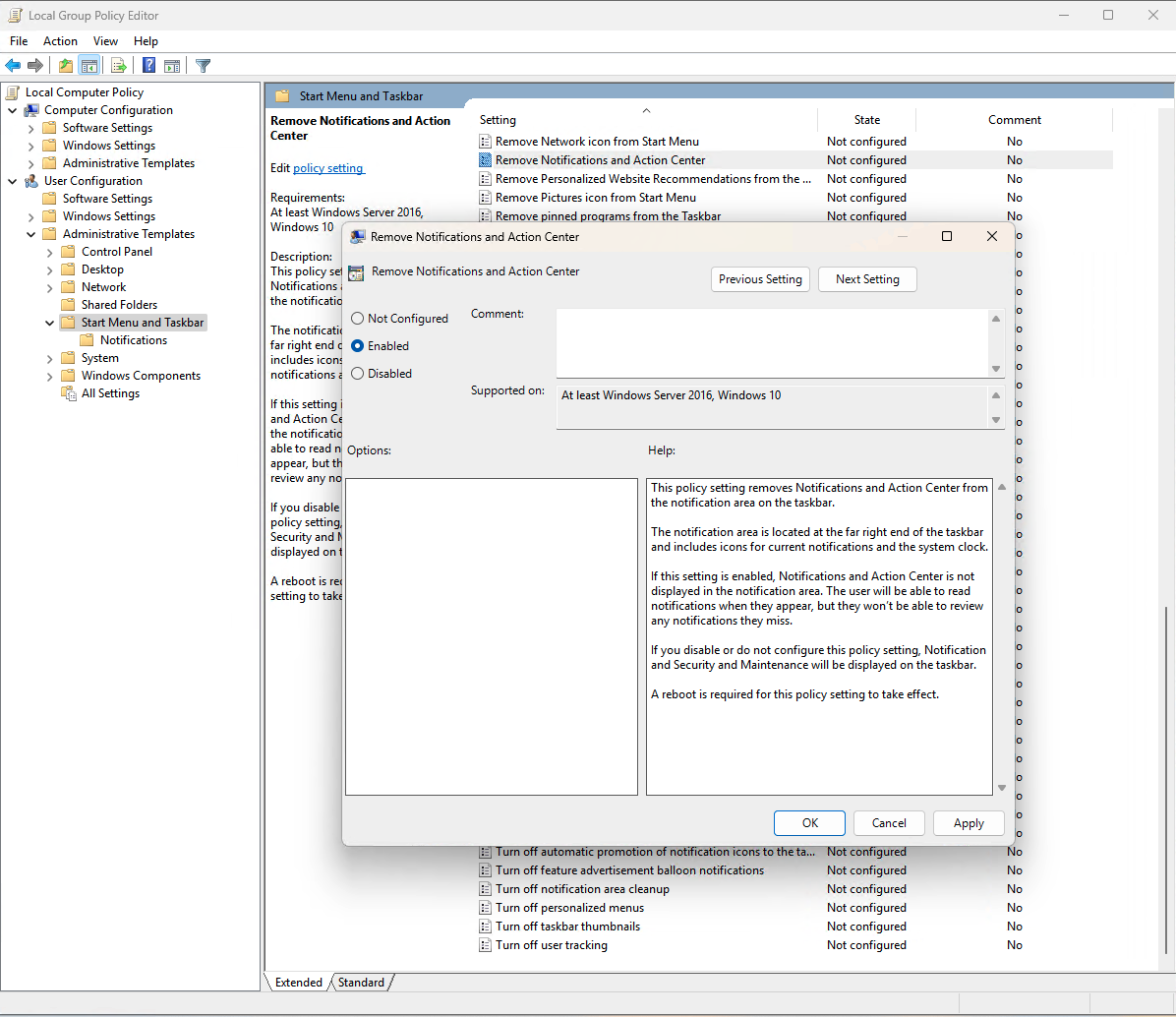 Remove Notification and Action Center window