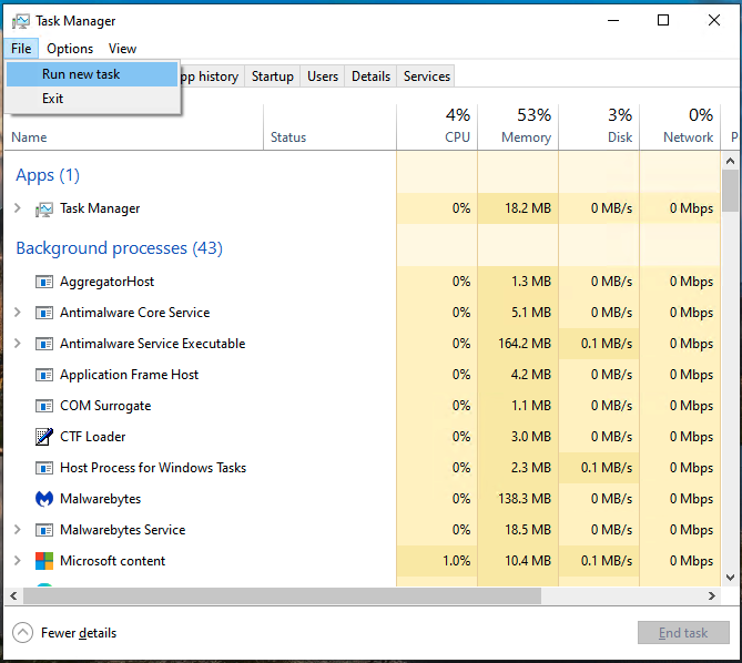 Run new task option in Task Manager window