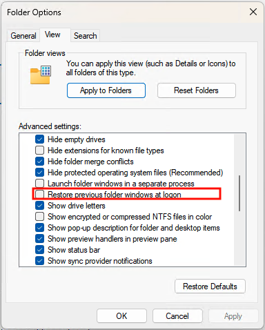 Restore previous folder windows at logon setting