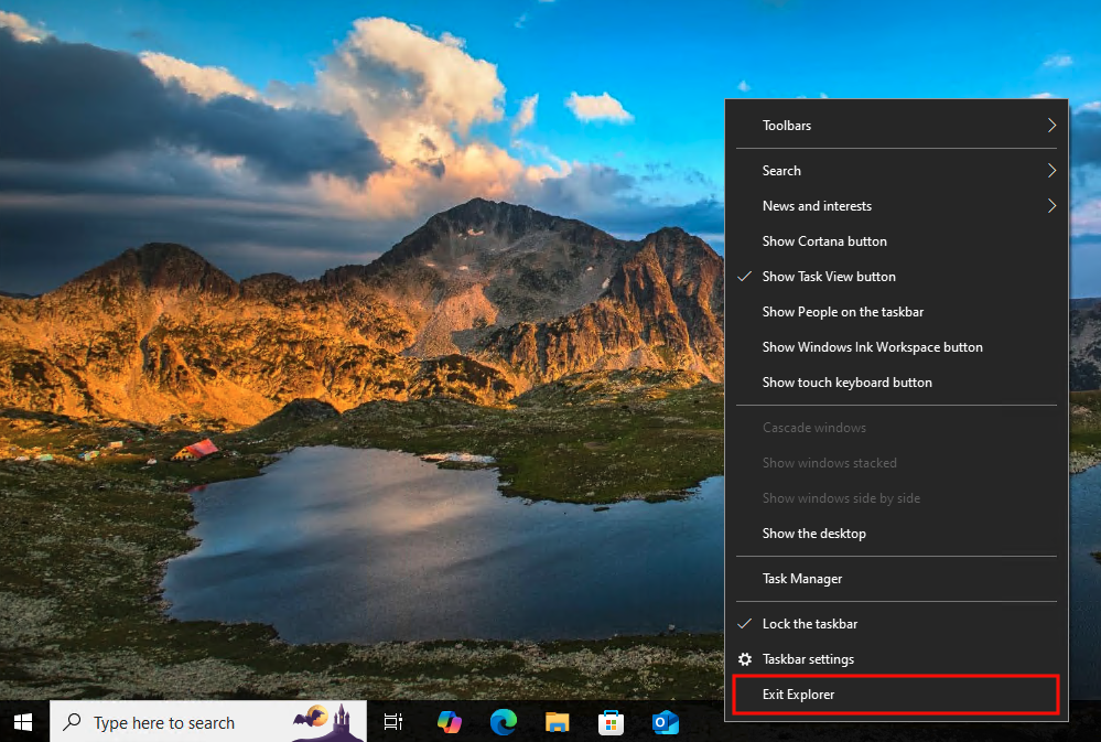 Exit Explorer option from the context menu
