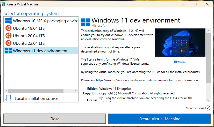Windows 11 dev environment option