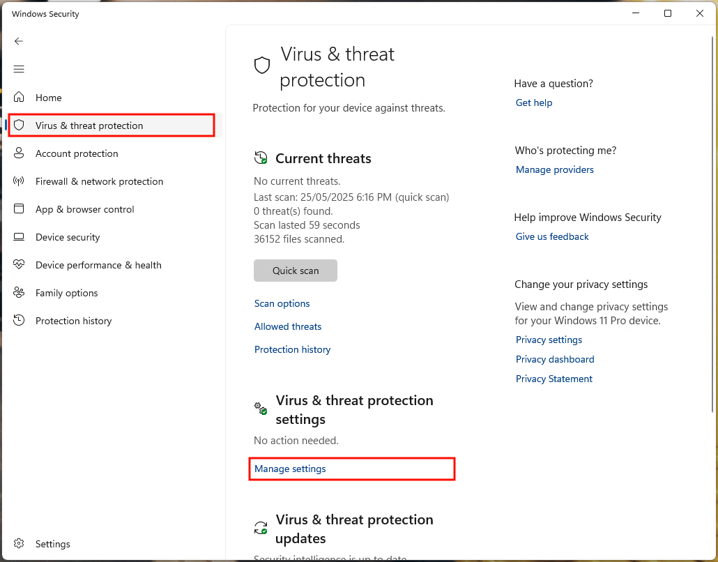 Virus and threat protection window