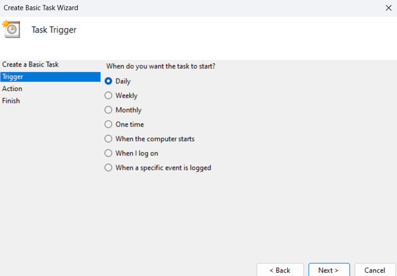 Create Basic Task Window, Choose a Trigger then click next