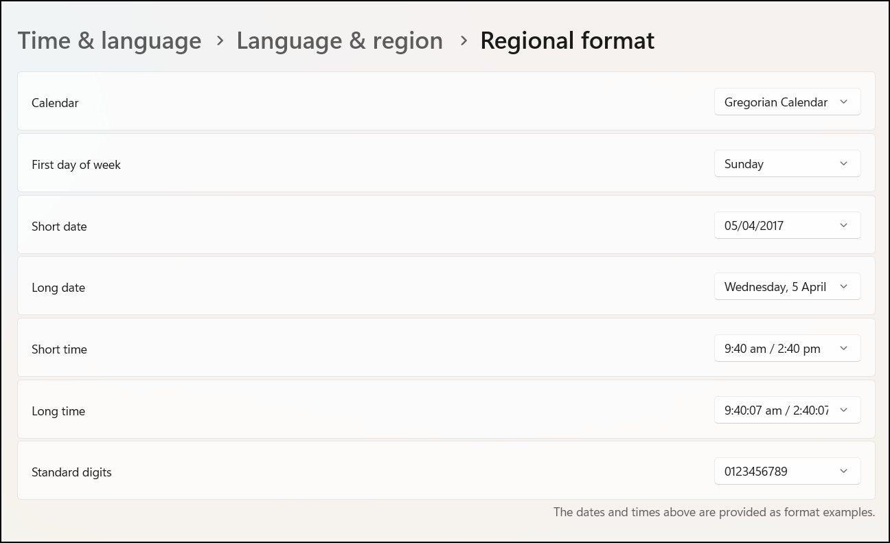 Regional format settings under Time & language and Language & region